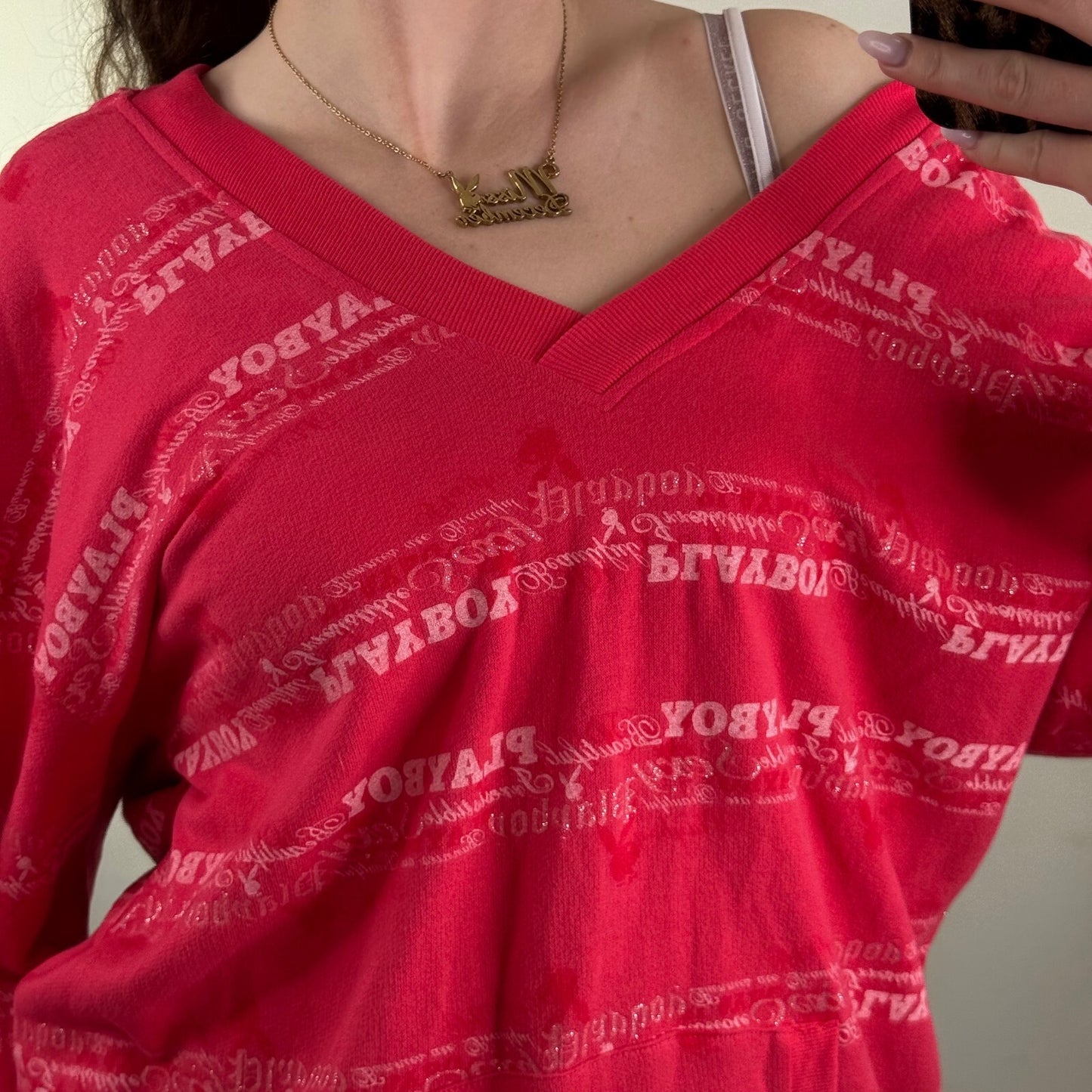 Y2K vintage Playboy hoodie v neck sparkly text 3/4 length sleeve