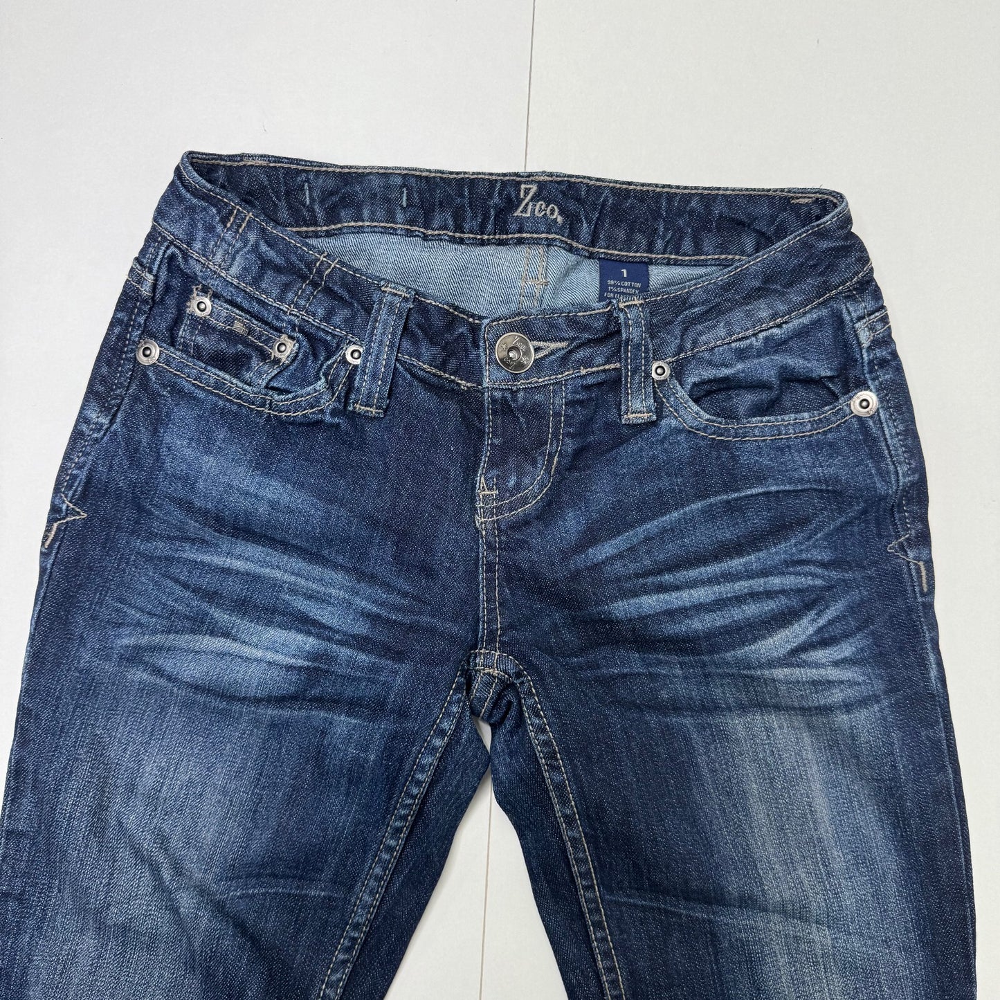 Y2K vintage low rise bootcut denim jeans dark blue wash stretchy faded