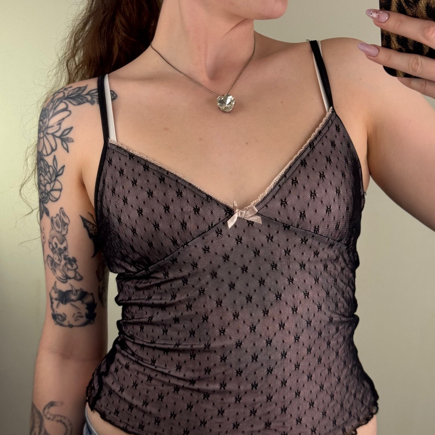 Y2K vintage cami top mesh double lined crop strappy bow lace trim black pink