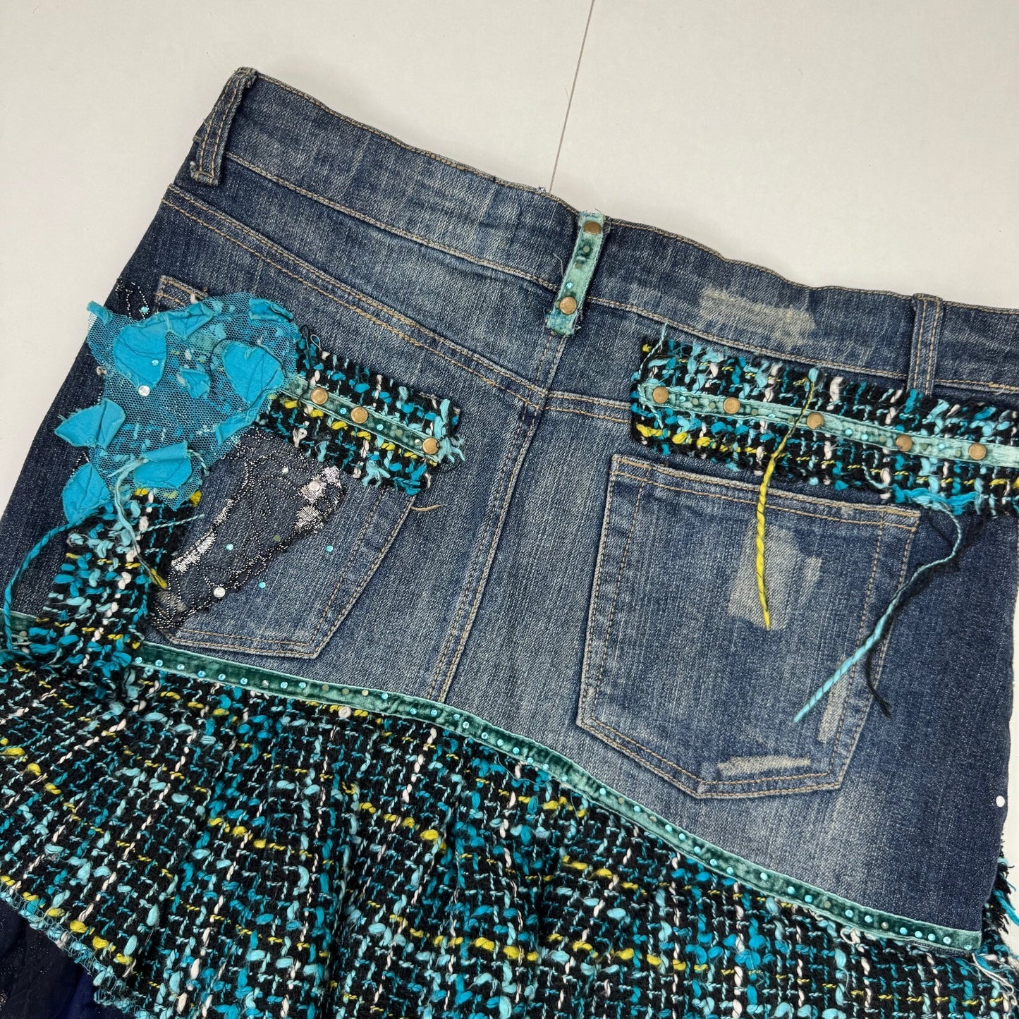 Y2K vintage midi skirt denim tartan patchwork tiered floral layered boho faded