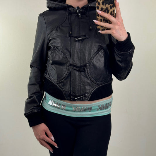 Y2K vintage bomber jacket genuine leather with hood toggle buttons zip up short