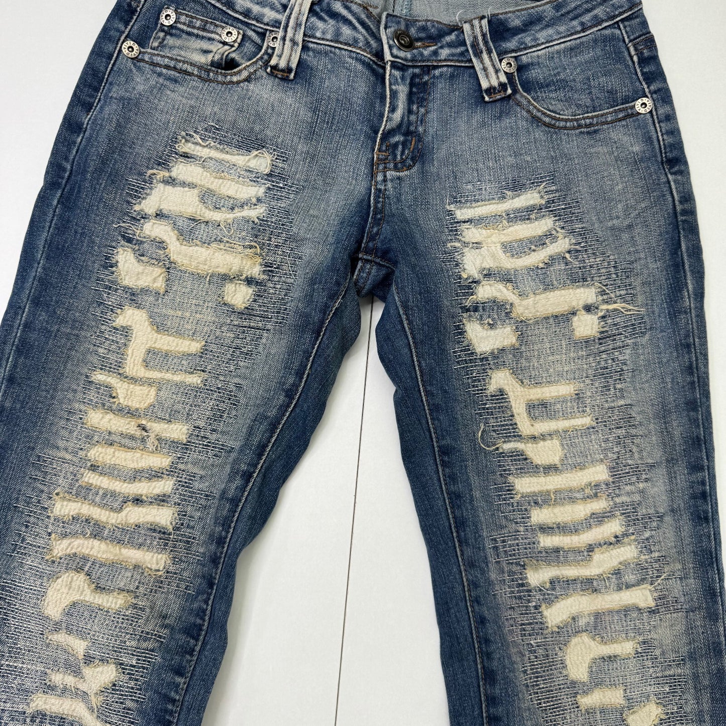 Y2K vintage low rise bootcut denim jeans distressed stitching faded dirty wash