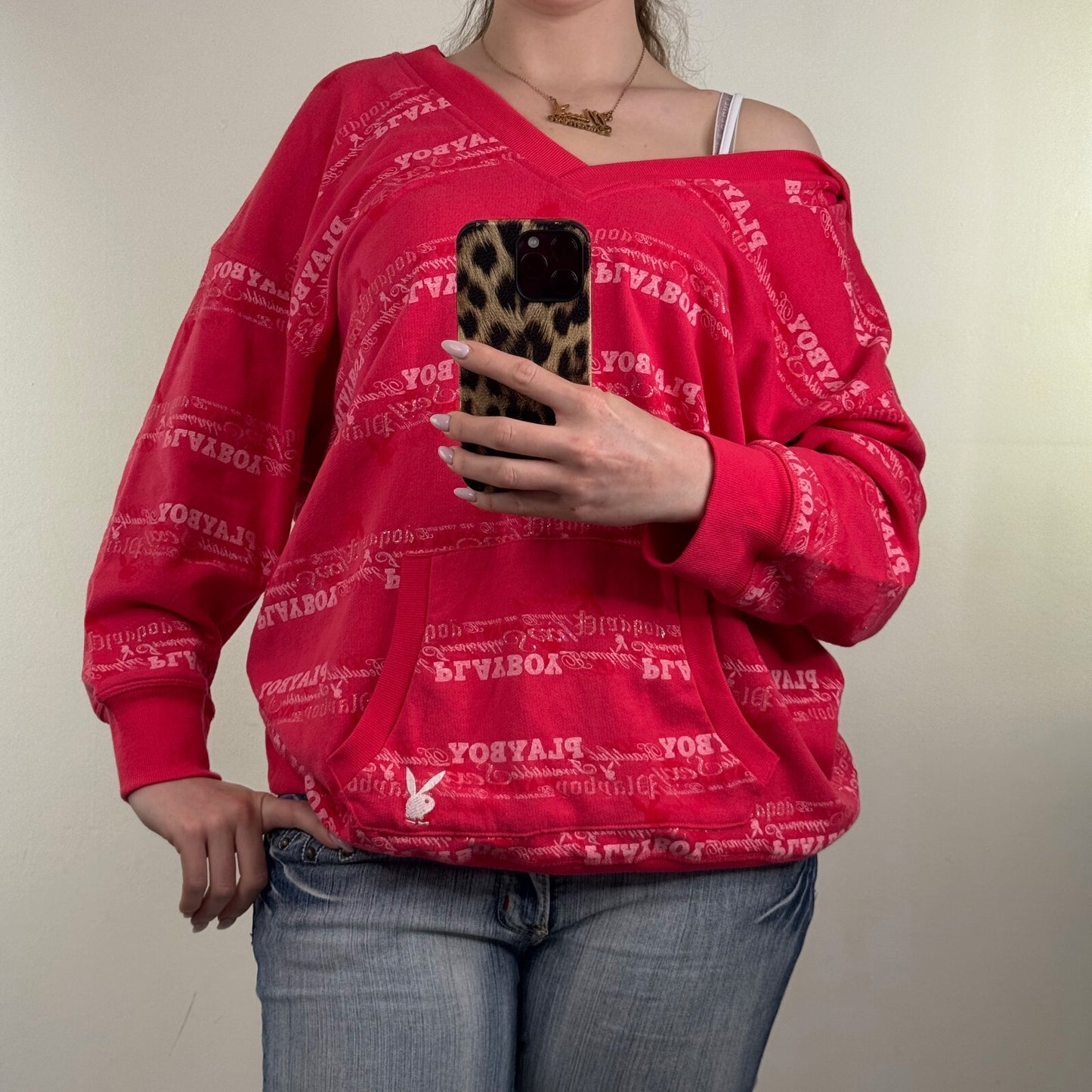 Y2K vintage Playboy hoodie v neck sparkly text 3/4 length sleeve