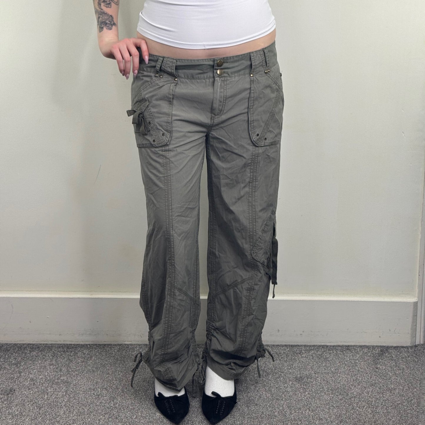 Y2K vintage cargo trousers pants utility baggy ruched bow pockets baggy khaki