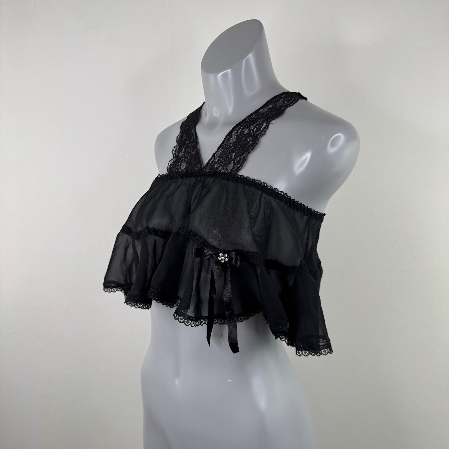 Y2K vintage Ann Summers crop top sheer lace tiered layered babydoll racer back