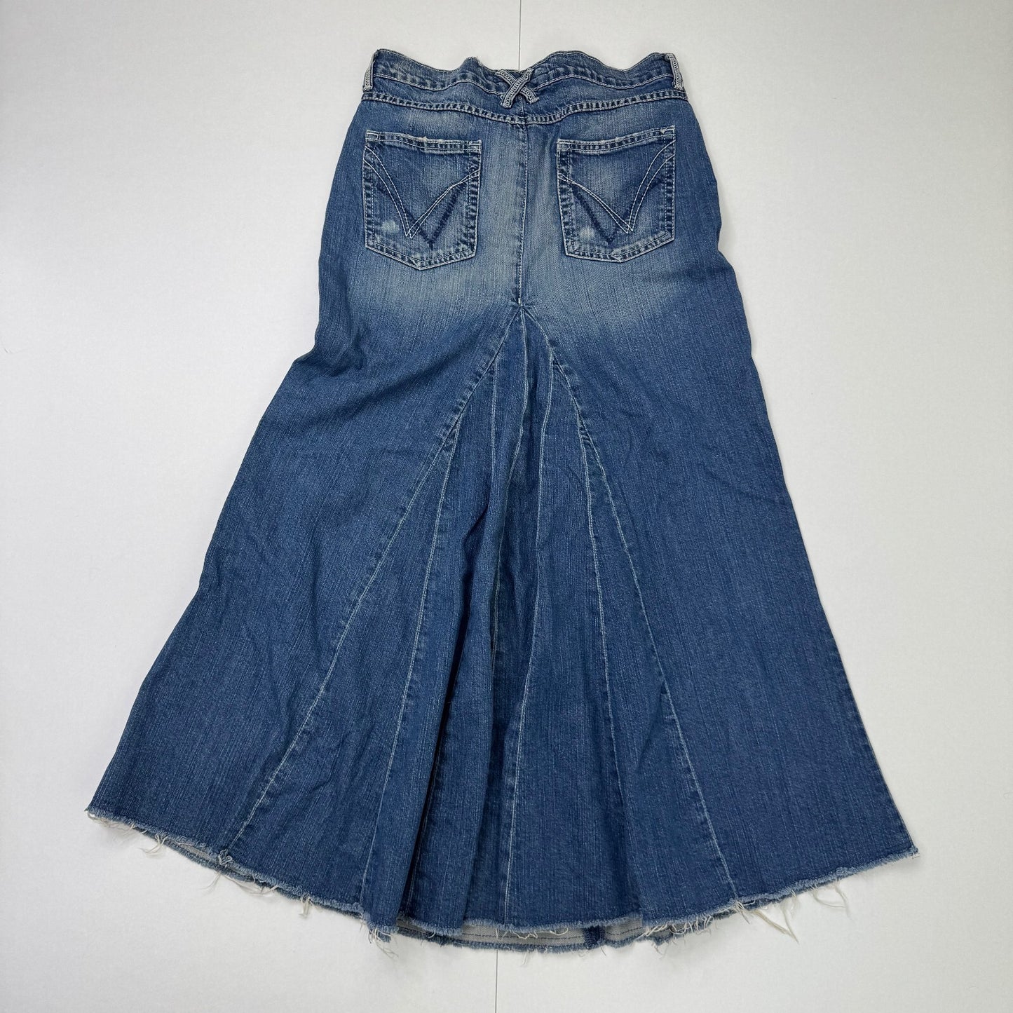 Y2K vintage denim maxi skirt faded blue wash a line distressed fishtail fitted