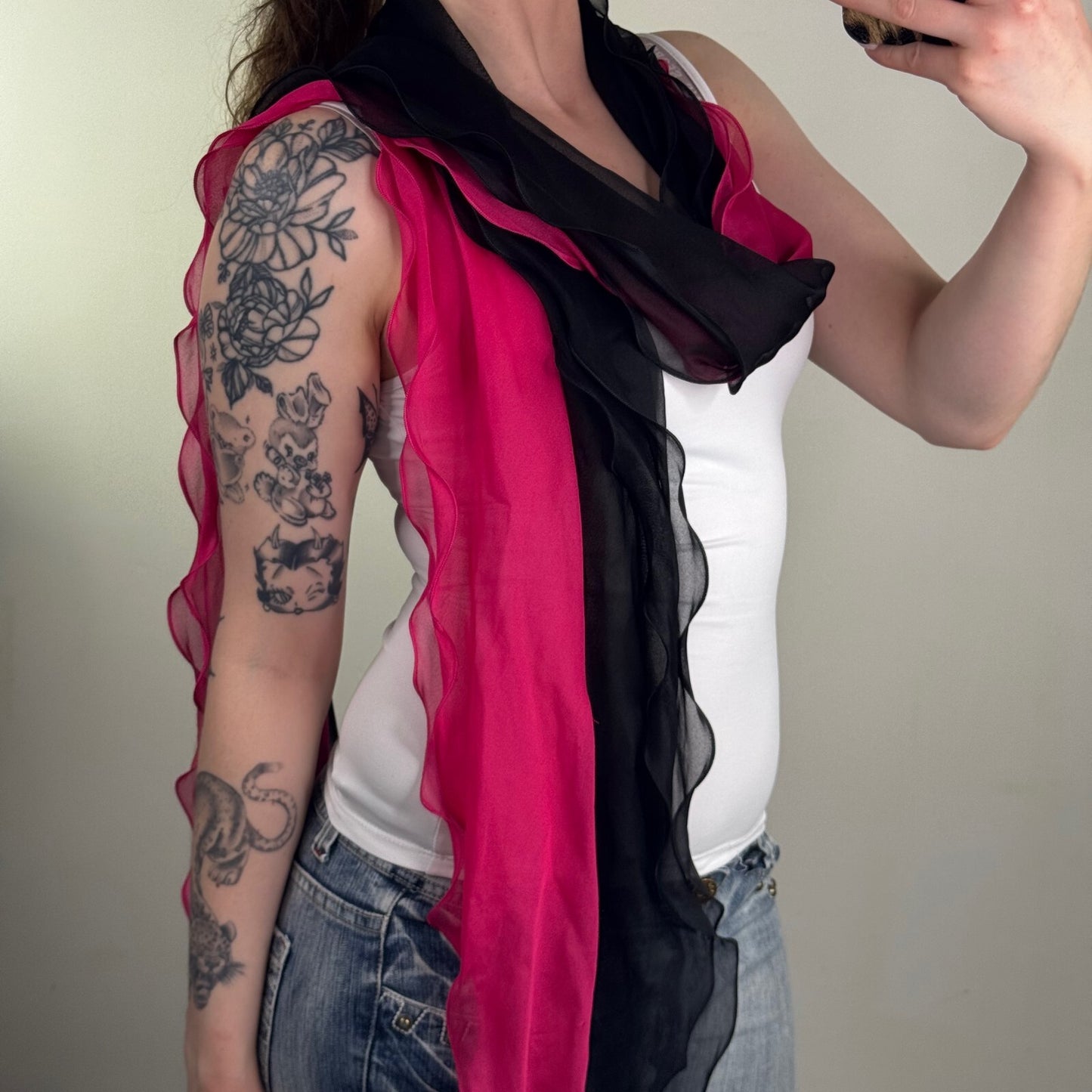 Y2K vintage Per Una scarf pink black two tone sheer lettuce hem long