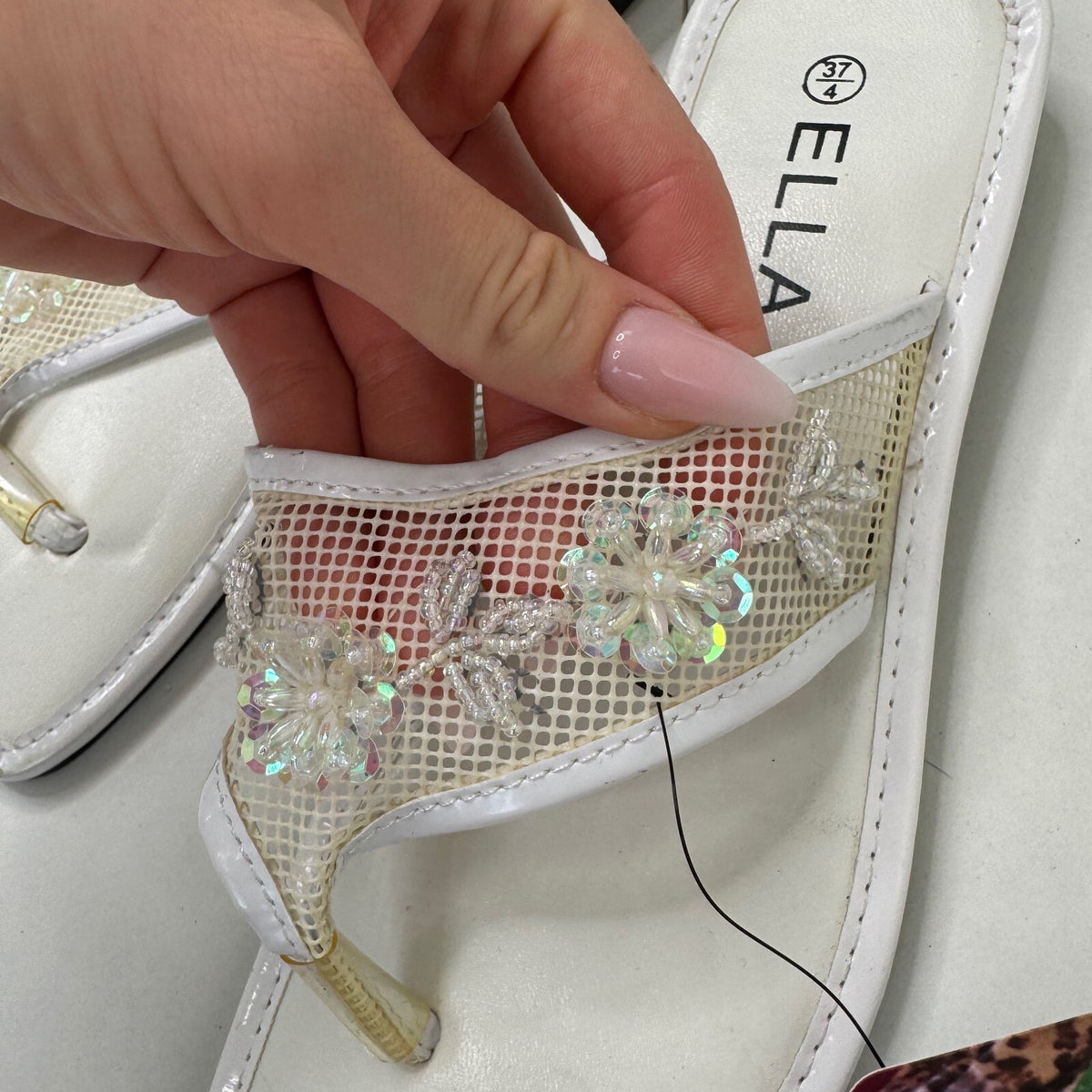 Y2K vintage sandals flip flops beaded mesh floral sequin square toe