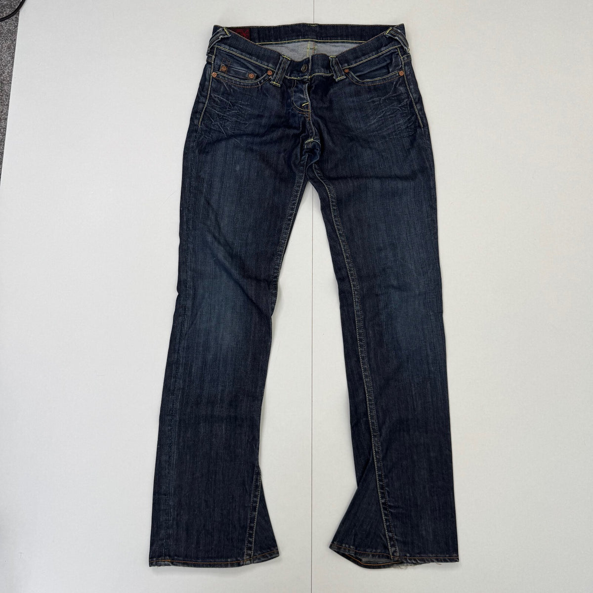 Vintage Y2K Evisu Low Rise Bootcut Jeans Distressed Seagull Logo Dark Wash Denim