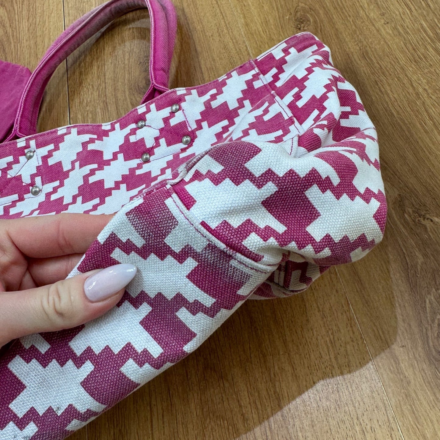 Y2K vintage Gap large tote canvas reversible houndstooth pouch pink white