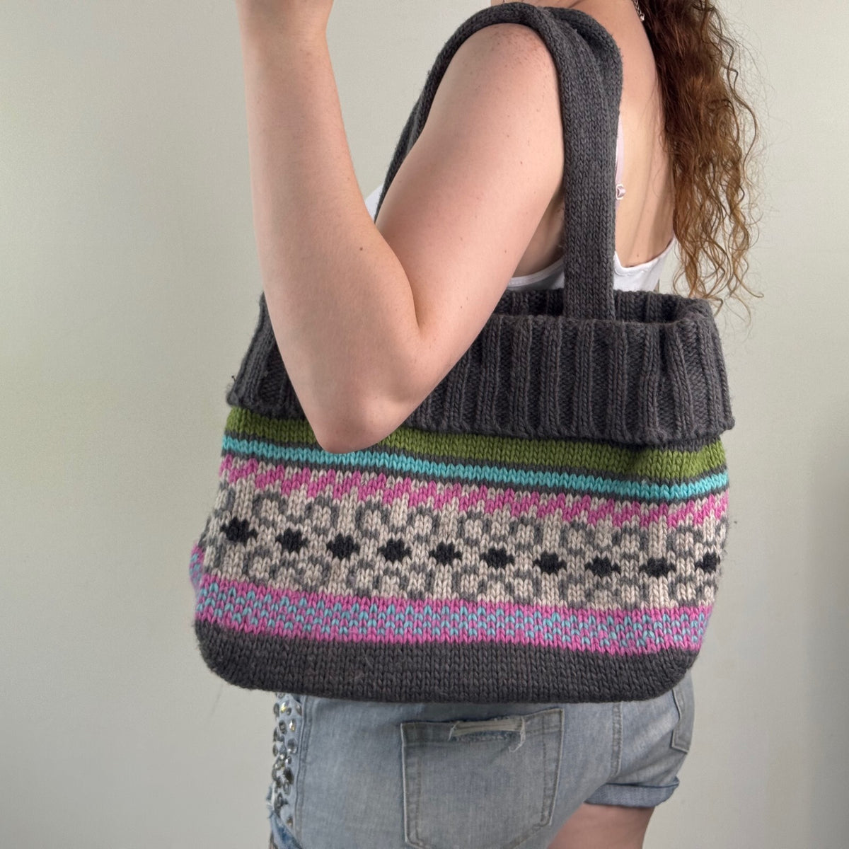 Y2K vintage wool shoulder bag pattern knitted medium boho ribbed floral stripe