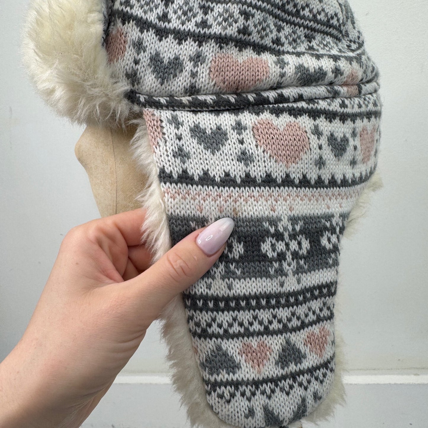 Y2K vintage trapper hat knit faux fur trim pom poms heart aztec print