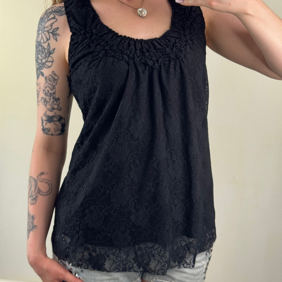 Y2K vintage lace tank top overlay floral pattern sleeveless ruched double layer
