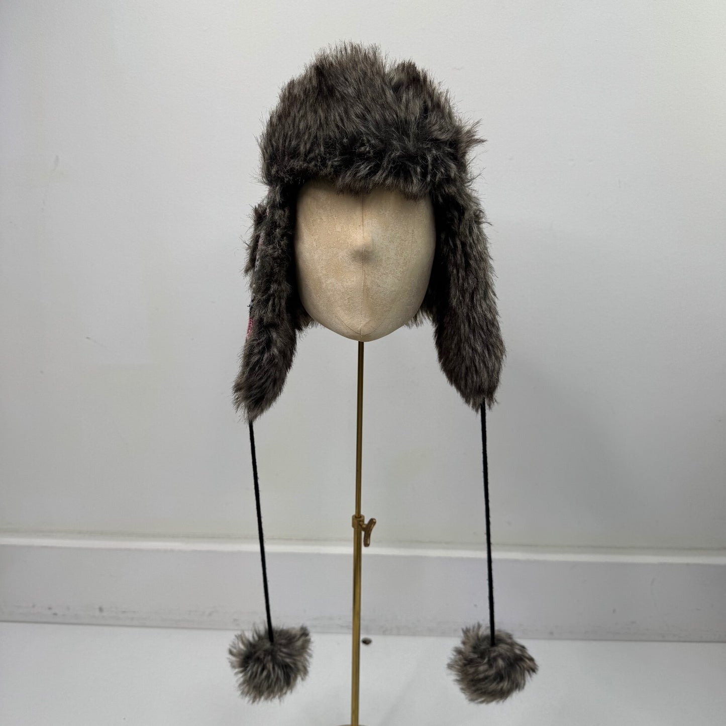 Y2K vintage trapper hat faux fur pom poms aztec knit print pink grey black