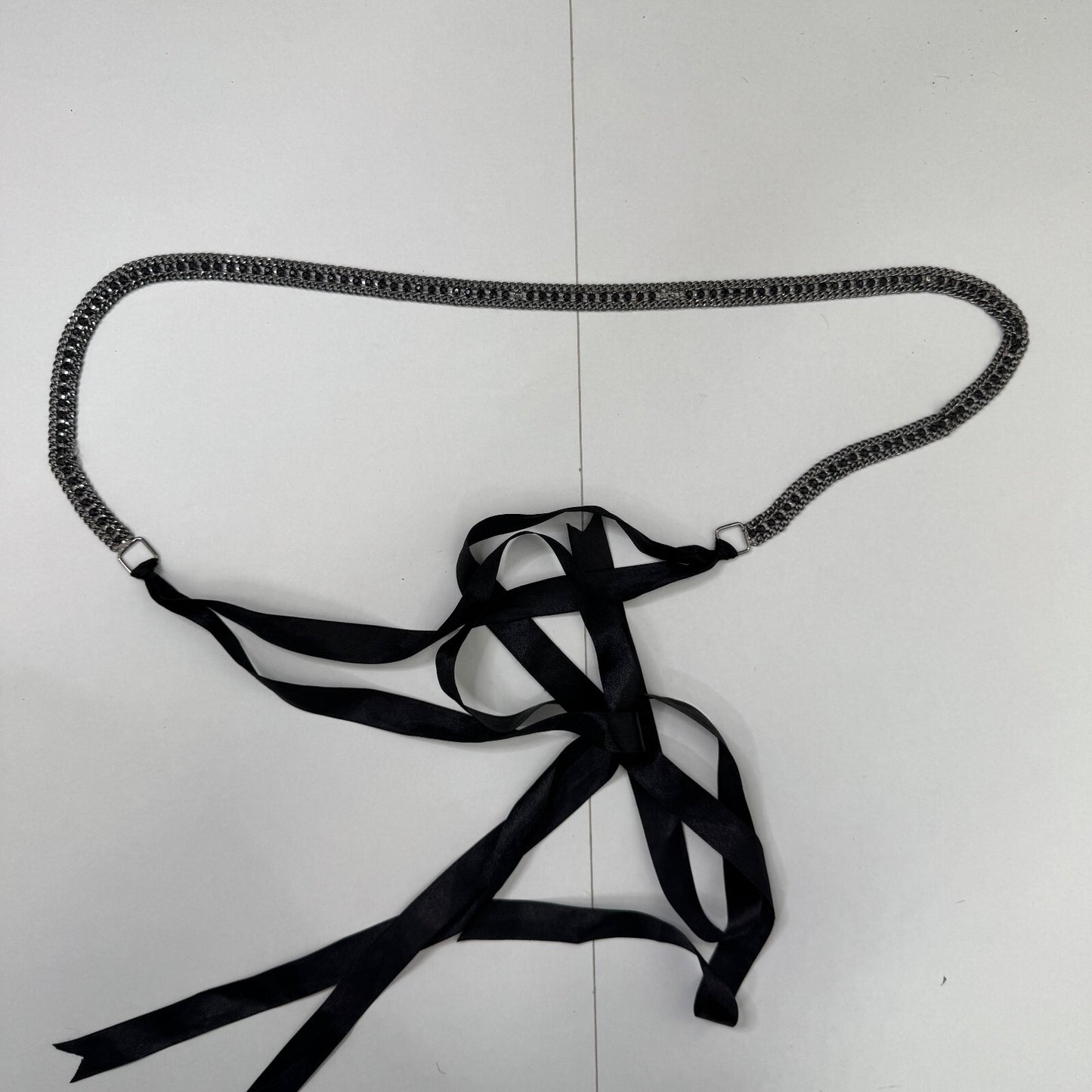 Y2K vintage belt chain ribbon bow rhinestones adjustable skinny thin