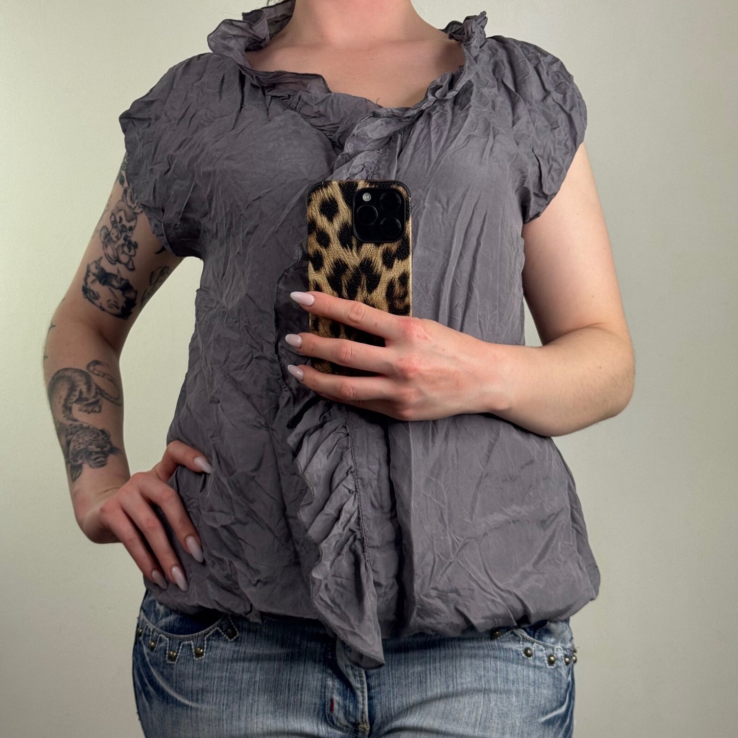 Y2K vintage 100% silk blouse ruffle puff cap short sleeve button up frilly