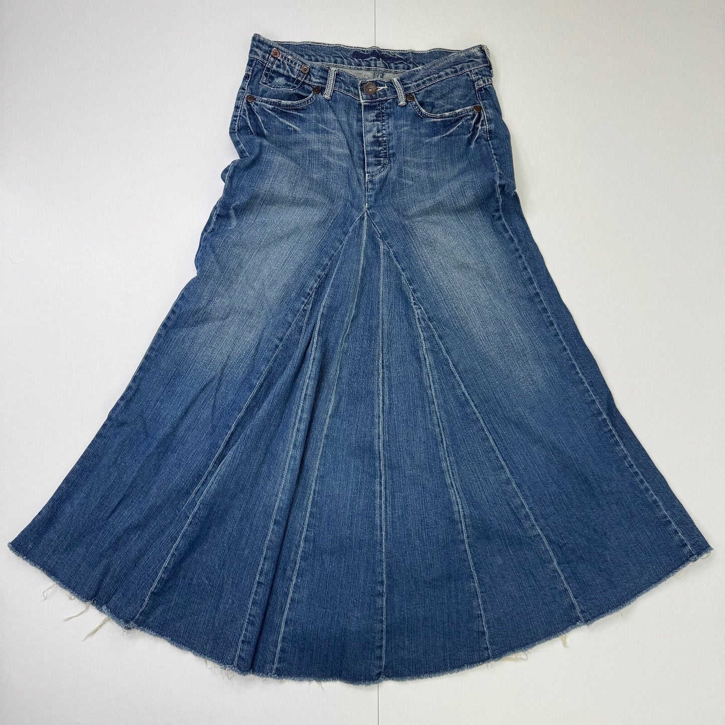 Y2K vintage denim maxi skirt faded blue wash a line distressed fishtail fitted