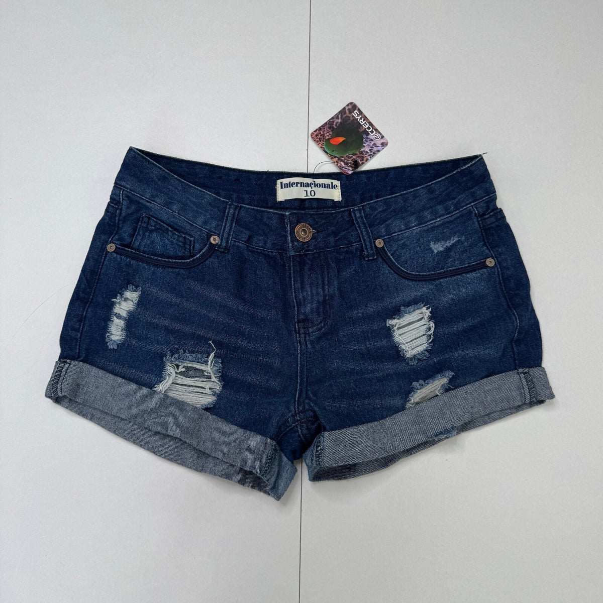 Y2K vintage denim mini shorts distressed dark blue turned up