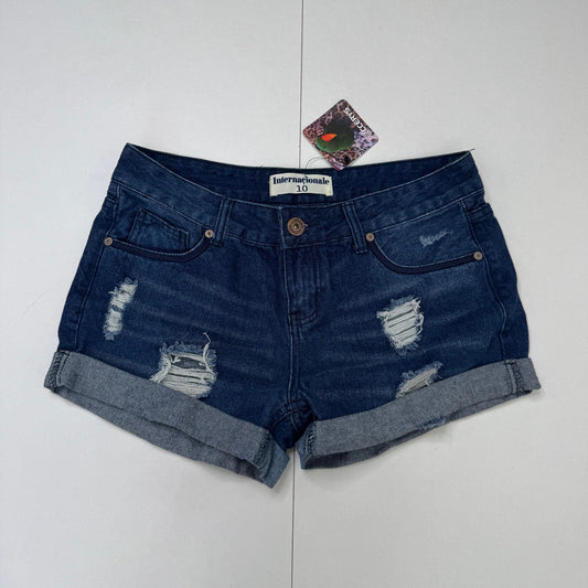 Y2K vintage denim mini shorts distressed dark blue turned up