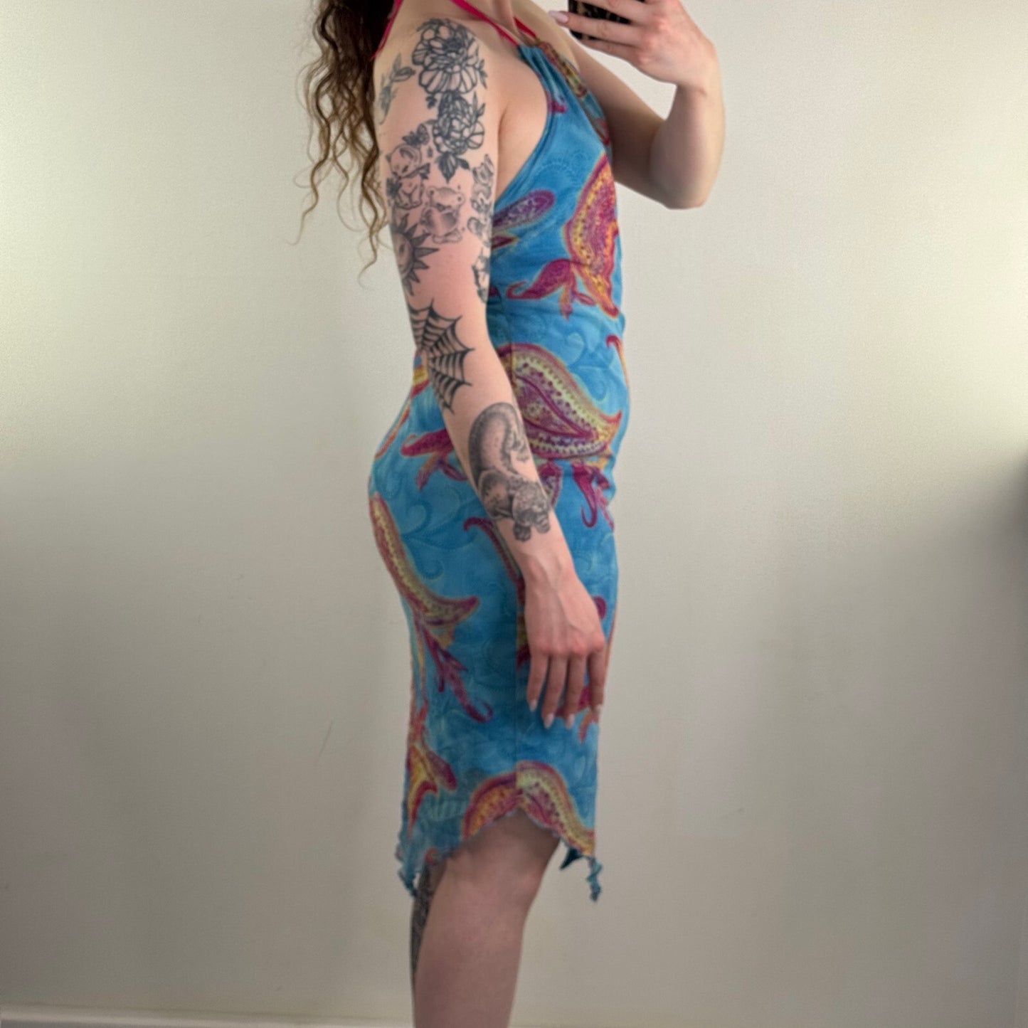 Y2K vintage paisley print midi dress asymmetrical hem halter neck mesh overlay