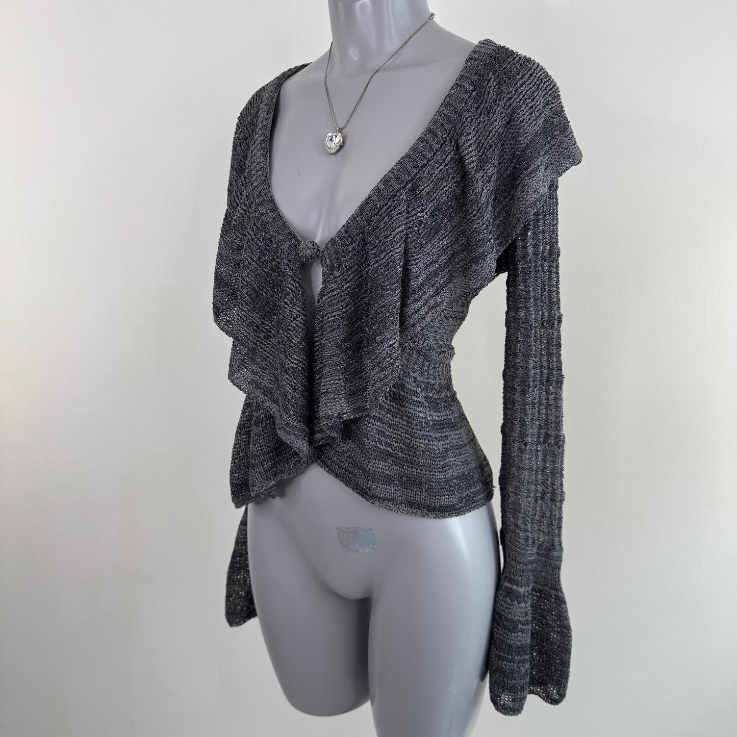 Y2K vintage fine knit cardigan frilly flare sleeve ruffle marl grey sheer v neck