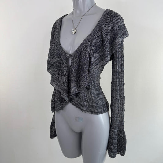 Y2K vintage fine knit cardigan frilly flare sleeve ruffle marl grey sheer v neck