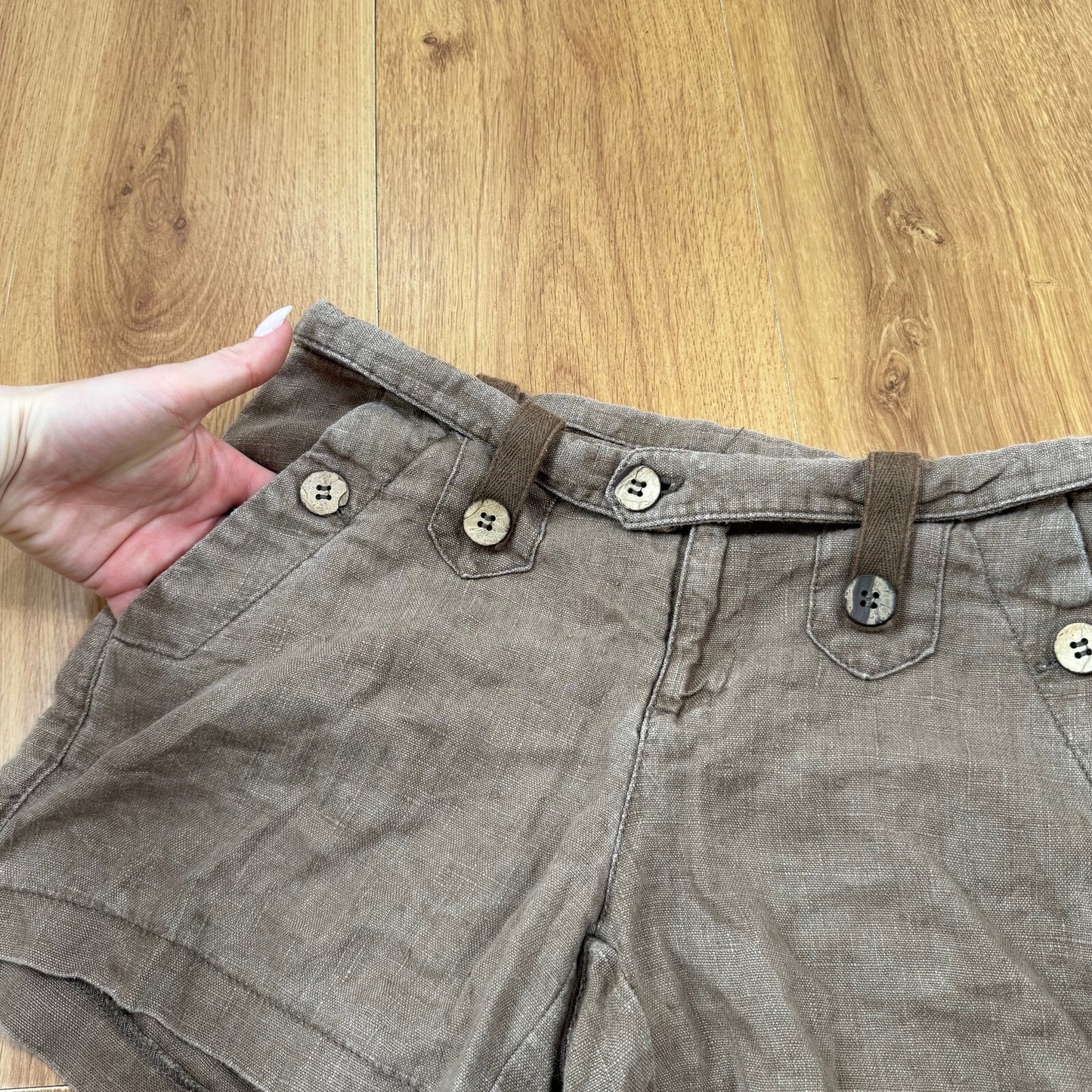 Y2K vintage 100% linen mini shorts buttons chino side pockets brown lightweight