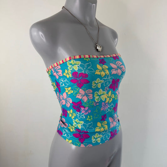 Y2K vintage tankini top strapless hibiscus floral stripe