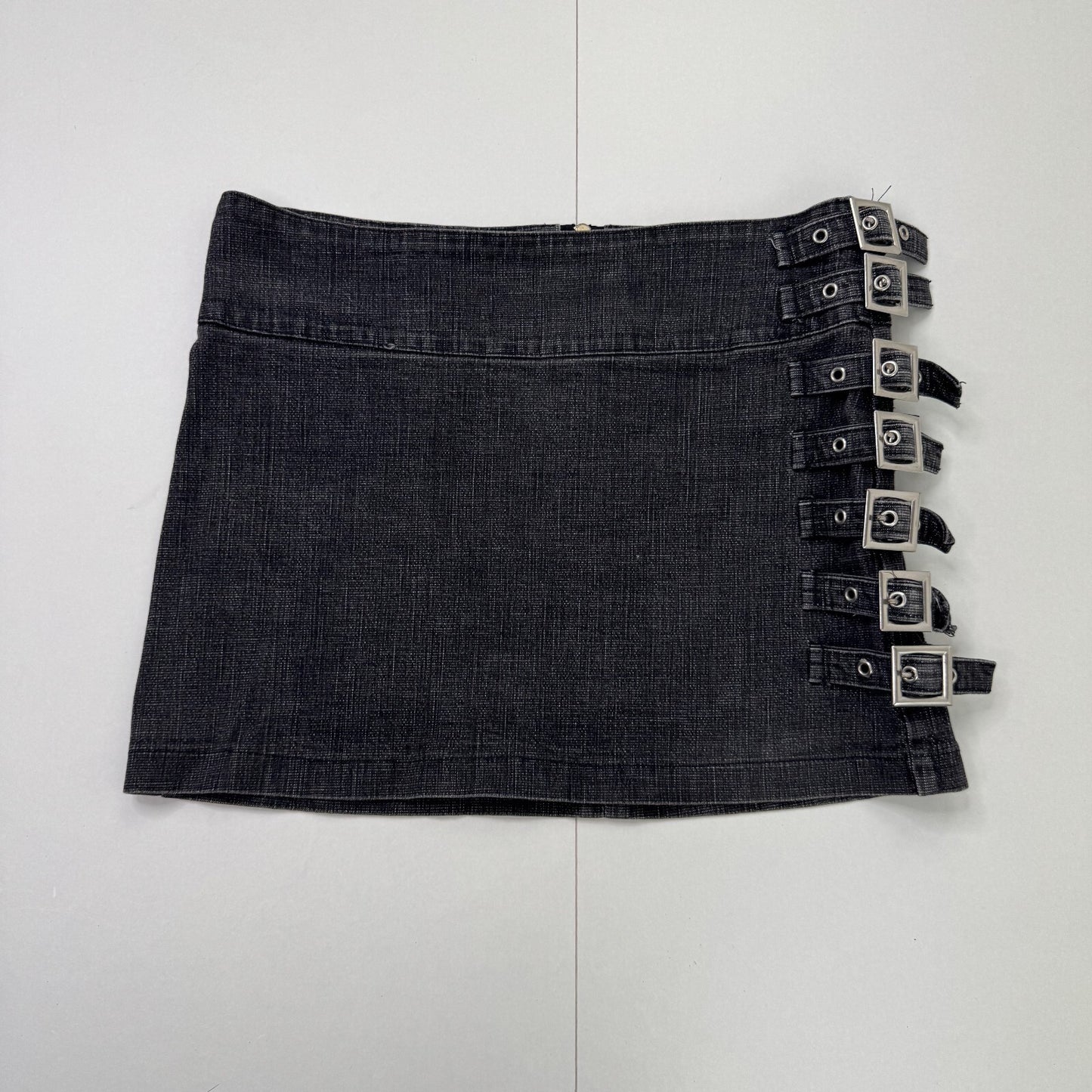 Y2K vintage denim mini skirt buckle stretchy alt archive dark grey eyelet