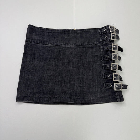 Y2K vintage denim mini skirt buckle stretchy alt archive dark grey eyelet