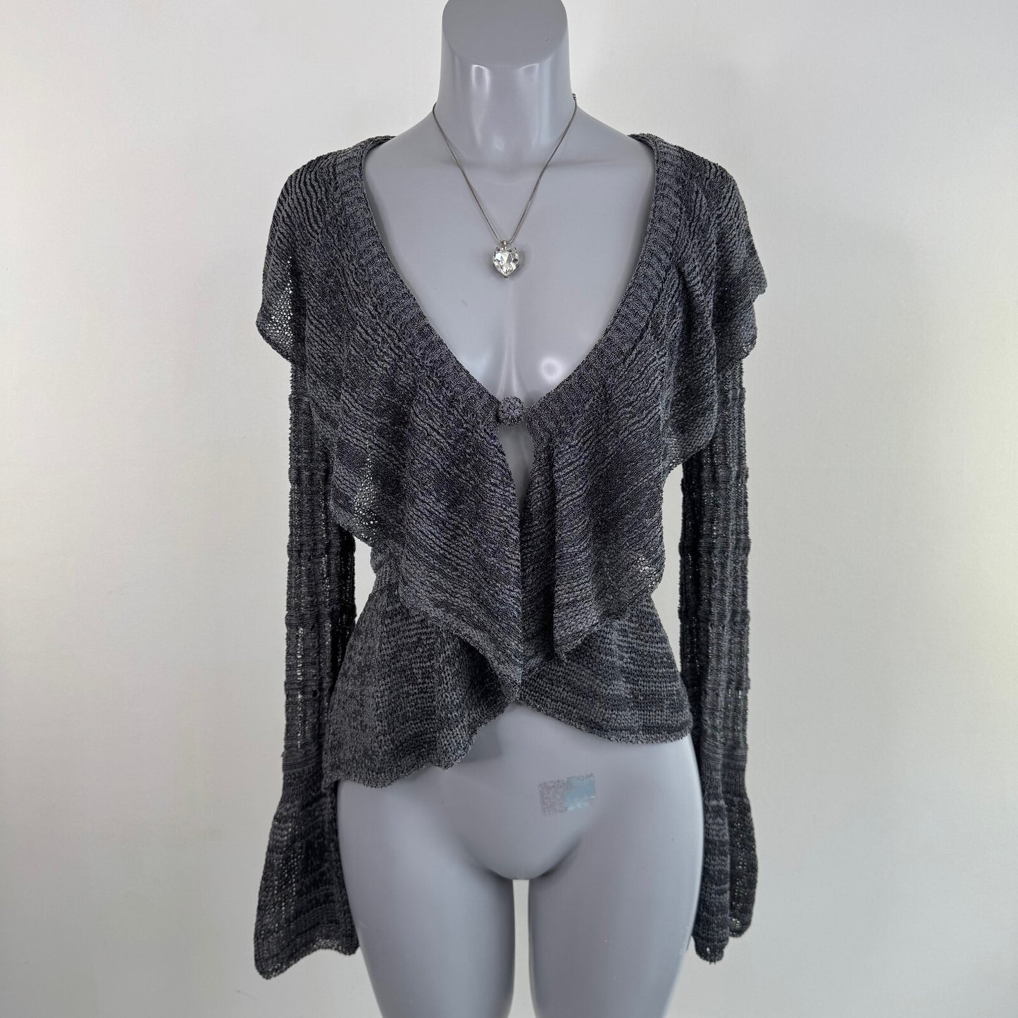 Y2K vintage fine knit cardigan frilly flare sleeve ruffle marl grey sheer v neck