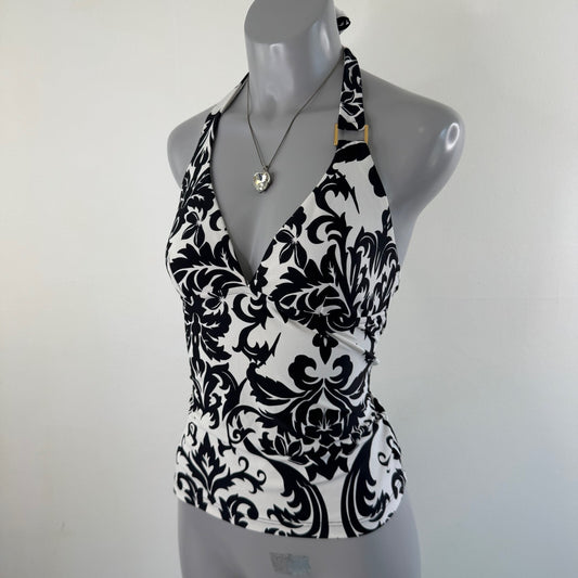 Vintage tankini top filigree black white halter neck tie bow v neck