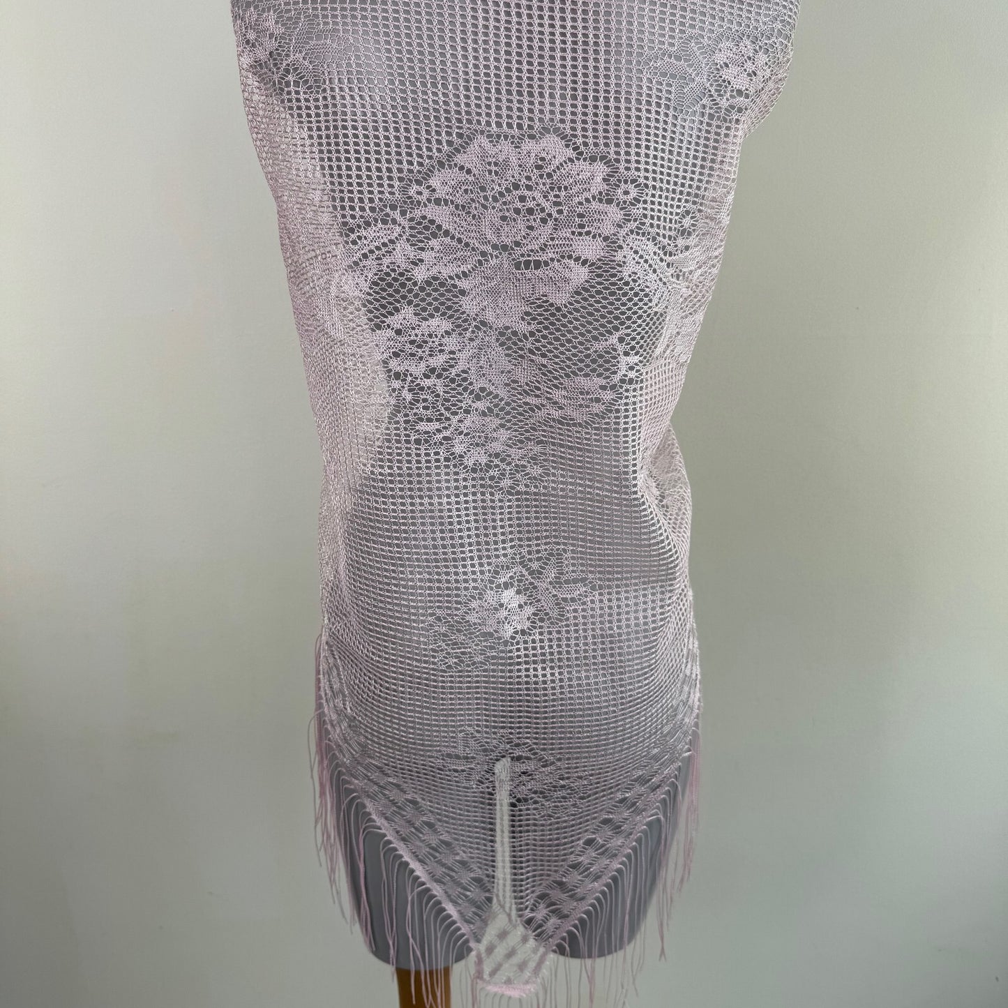 Y2K vintage sarong scarf fine knit lace sheer baby pink fringe floral cover up