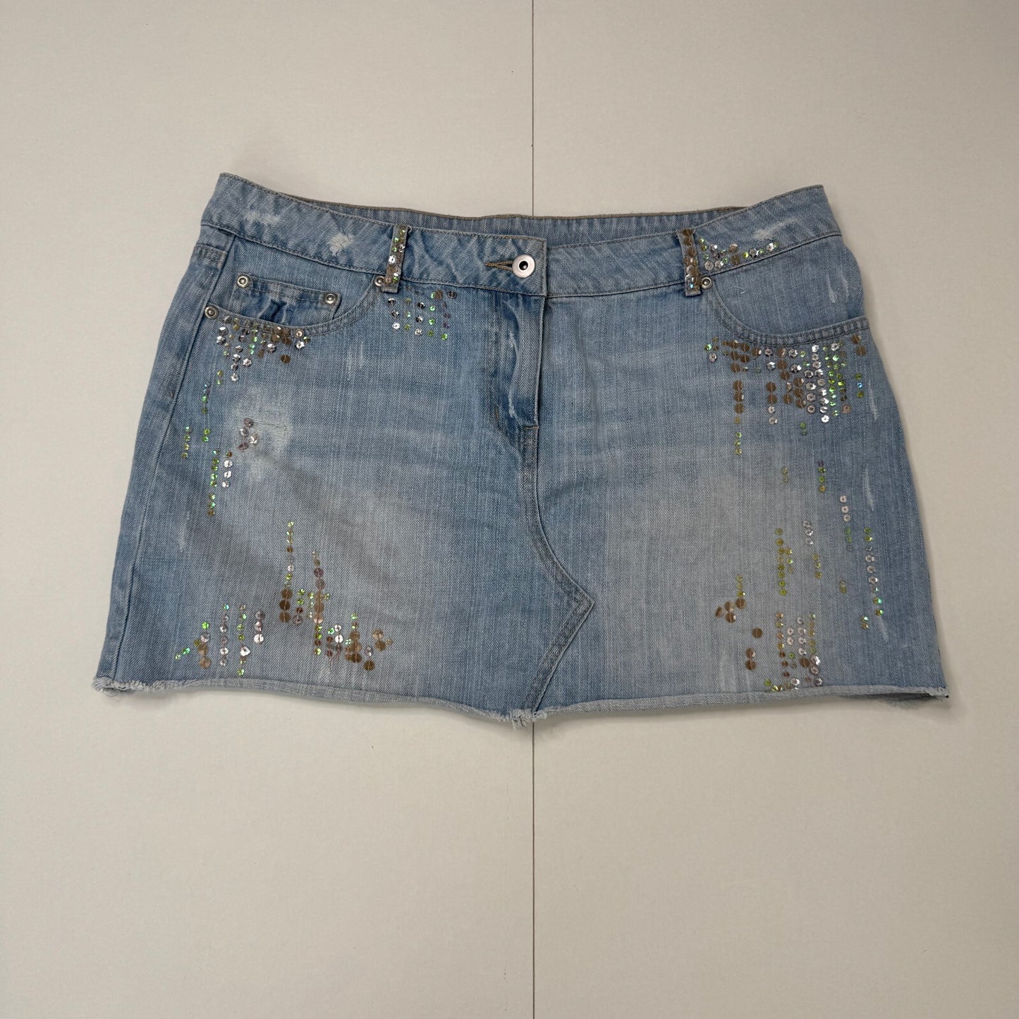 Y2K vintage mini skirt sequin light blue denim wash distressed embellished
