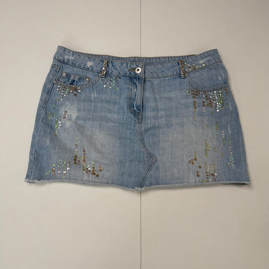 Y2K vintage mini skirt sequin light blue denim wash distressed embellished