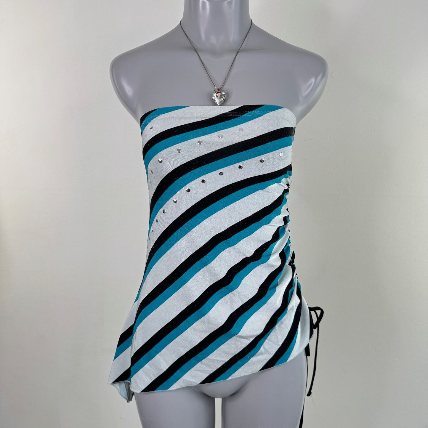 Y2K vintage strapless top slinky studded stripe ruched side bow stretchy