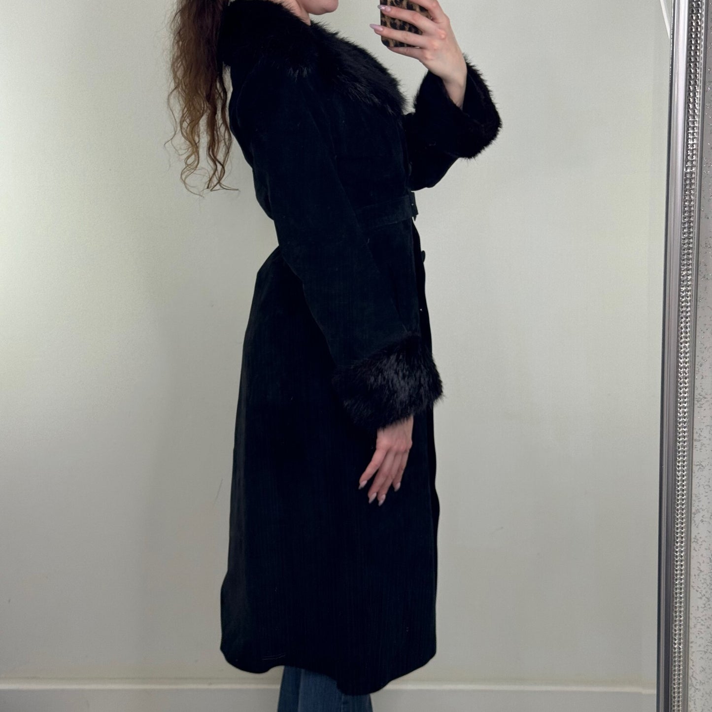 Vintage genuine fur / suede trench coat with belt button up lined classic midi