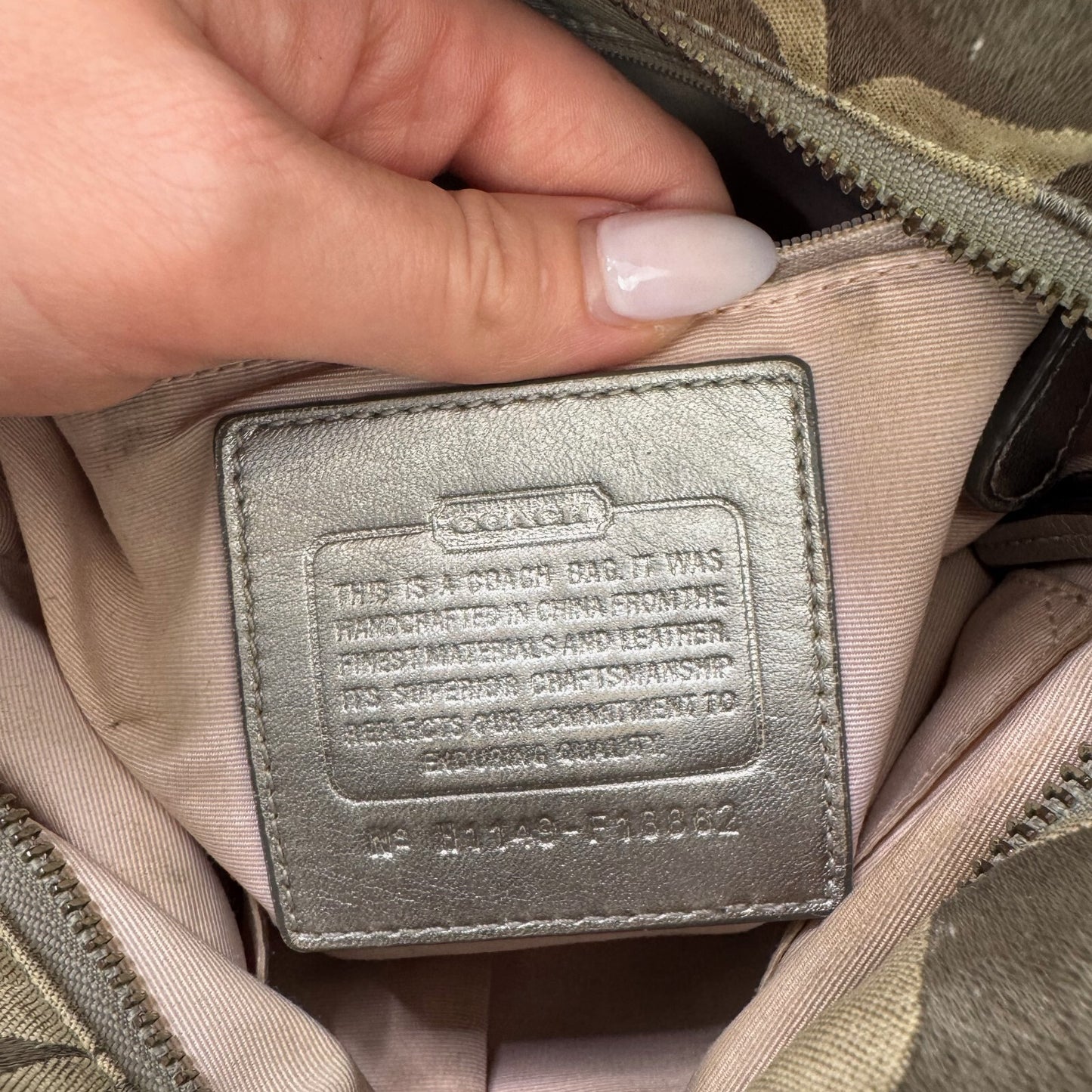 Vintage Coach Monogram Canvas Leather Metallic Crossbody Bag Chain Strap Zip