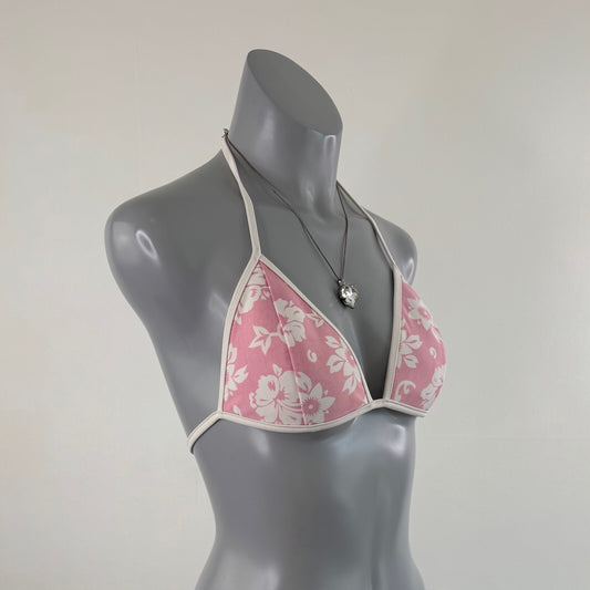 Y2K vintage bikini top halter neck hibiscus floral pink white