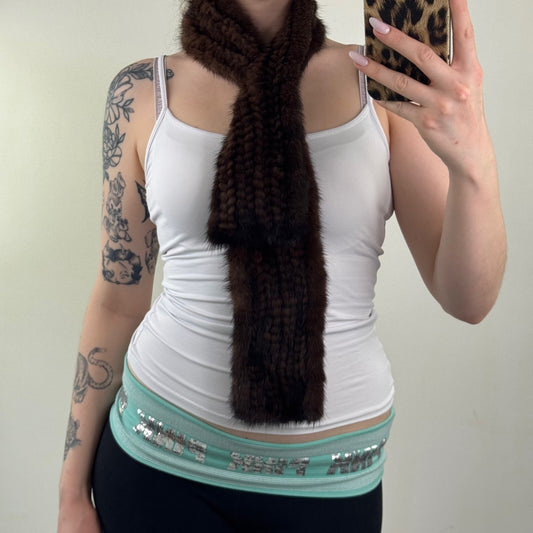 Vintage Genuine Brown Knitted Mink Fur Scarf Thin Skinny Short Length