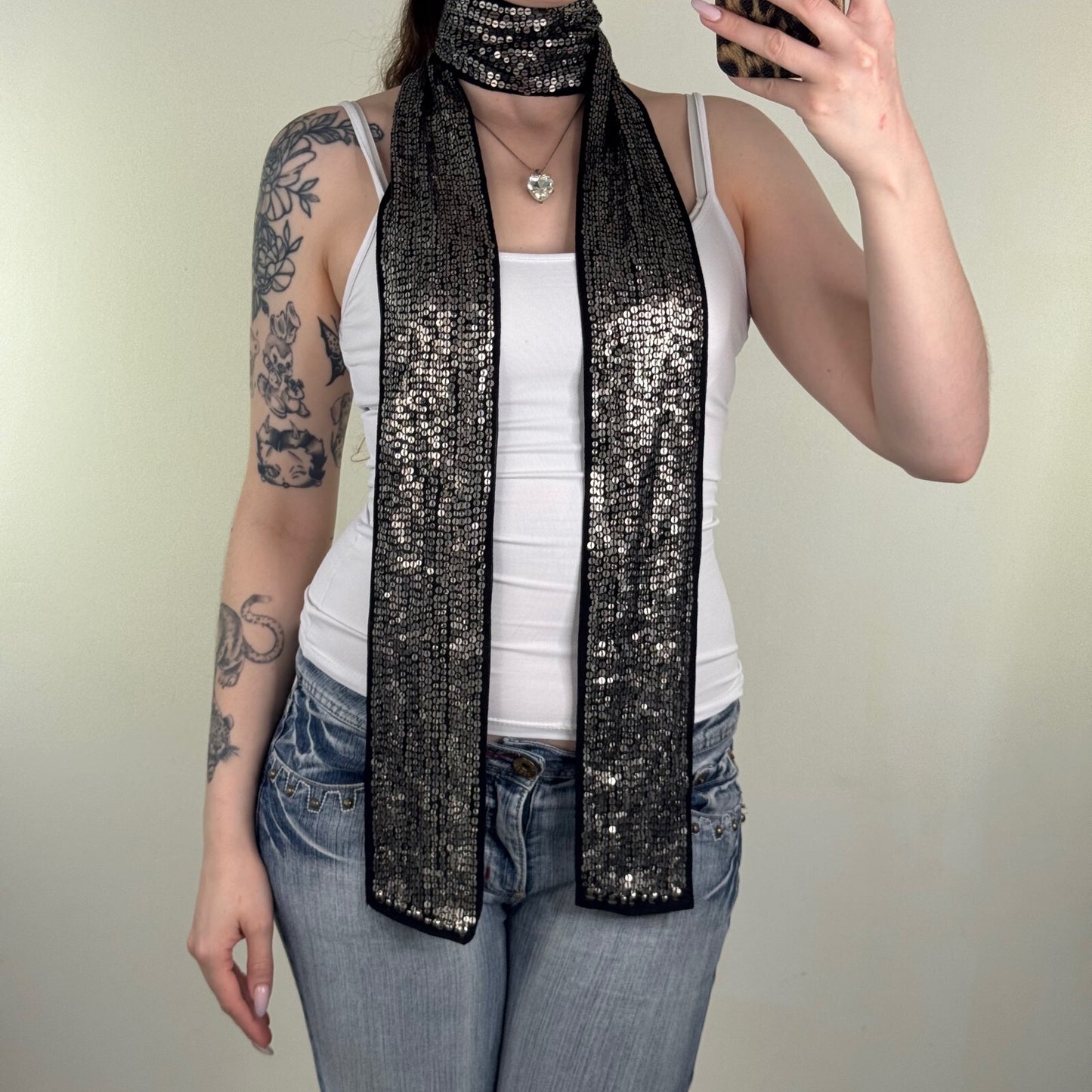 Y2K vintage scarf sequin black silver shiny thin skinny