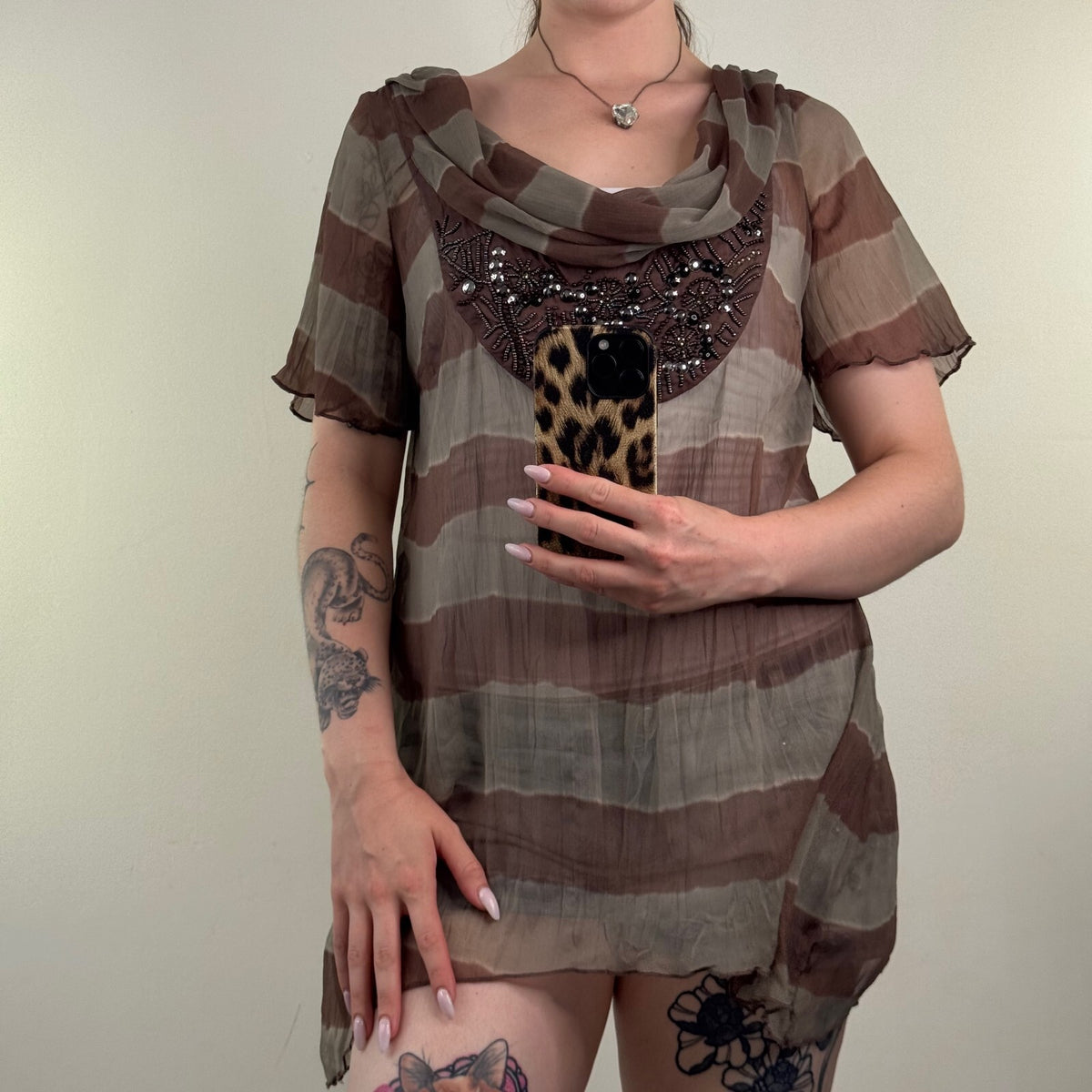 Y2K vintage blouse stripe boho cowl neck embellished sheer short sleeve