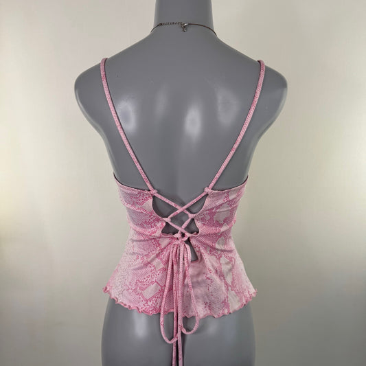 Y2K vintage snakeskin top cami lace up strappy fitted v neck pink