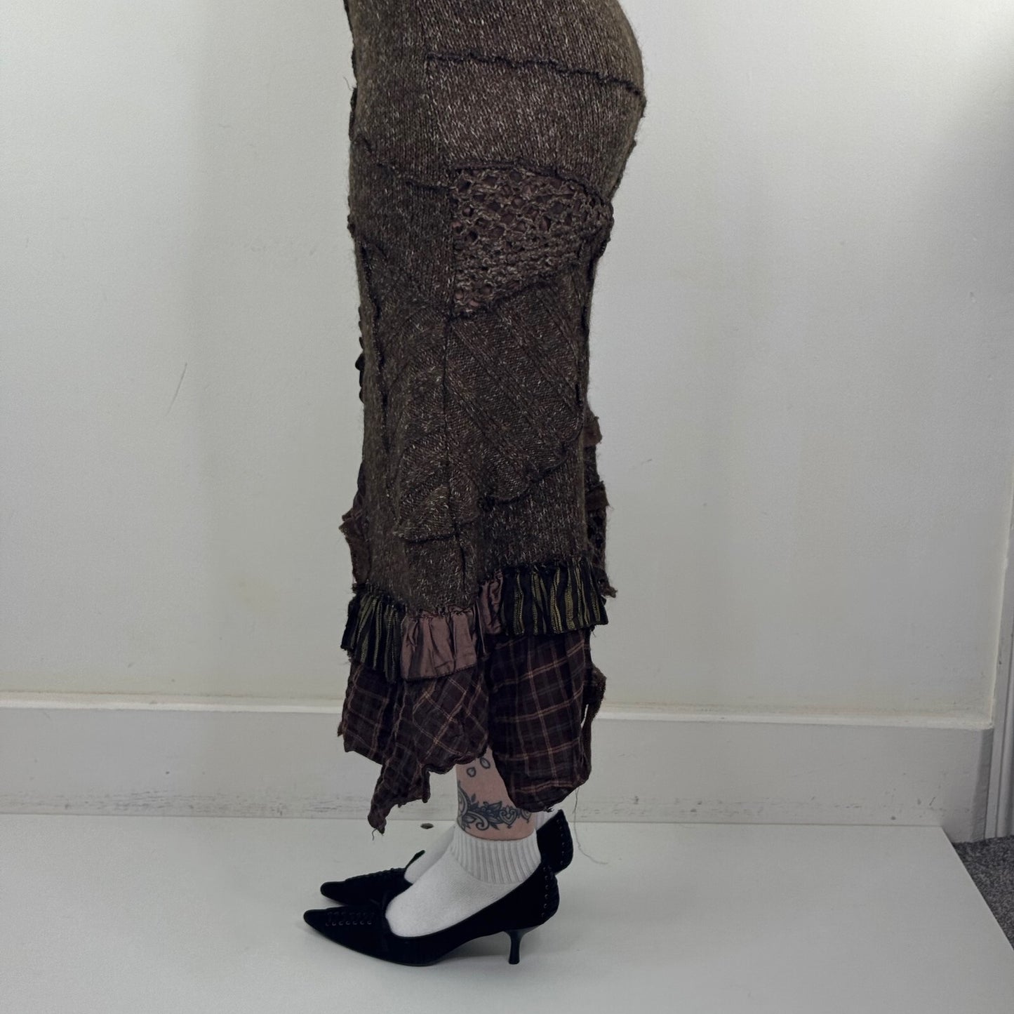 Y2K vintage Juju & Christine maxi skirt knit patchwork buckle boho asymmetrical