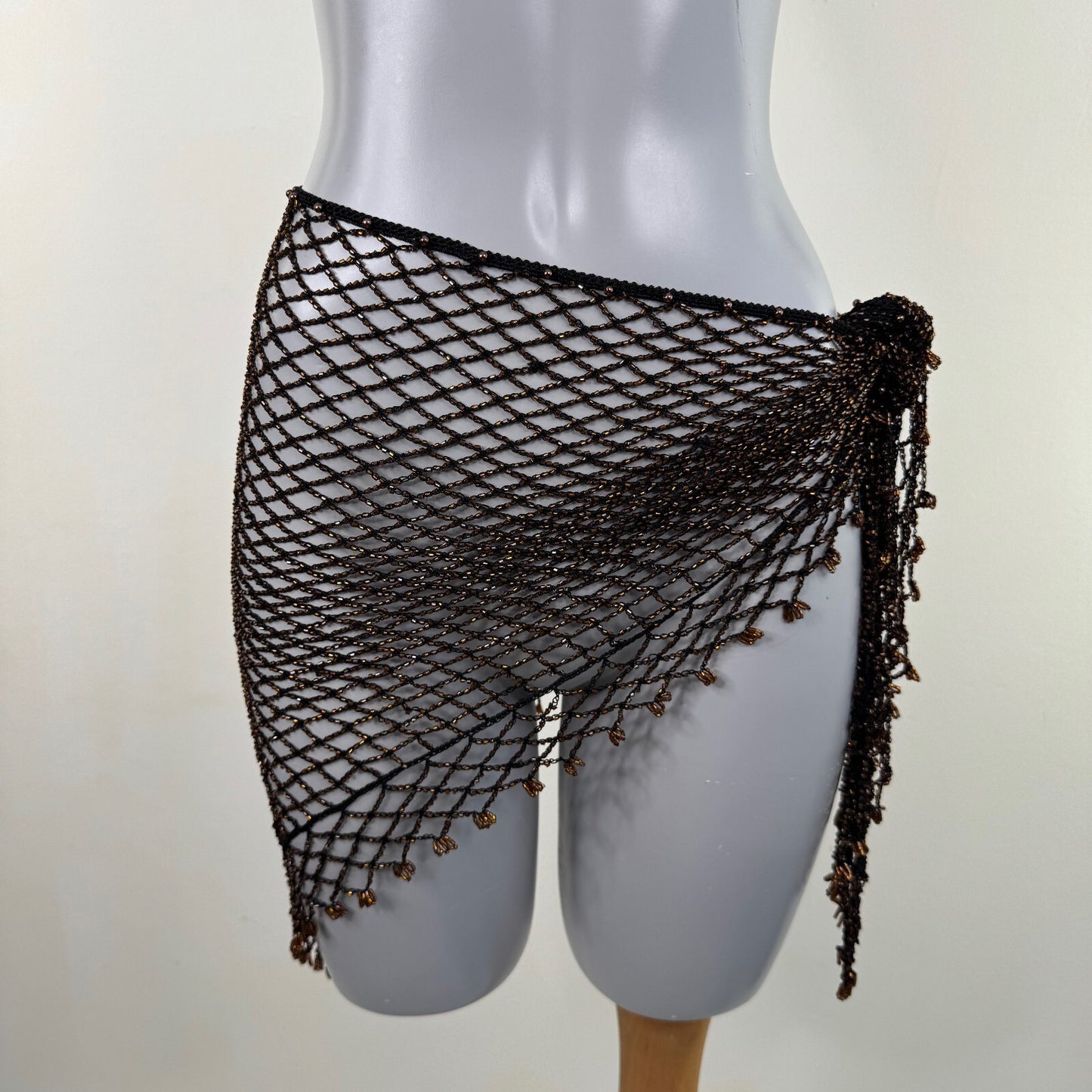 Y2K vintage beaded sarong fine knit black brown cover up scarf