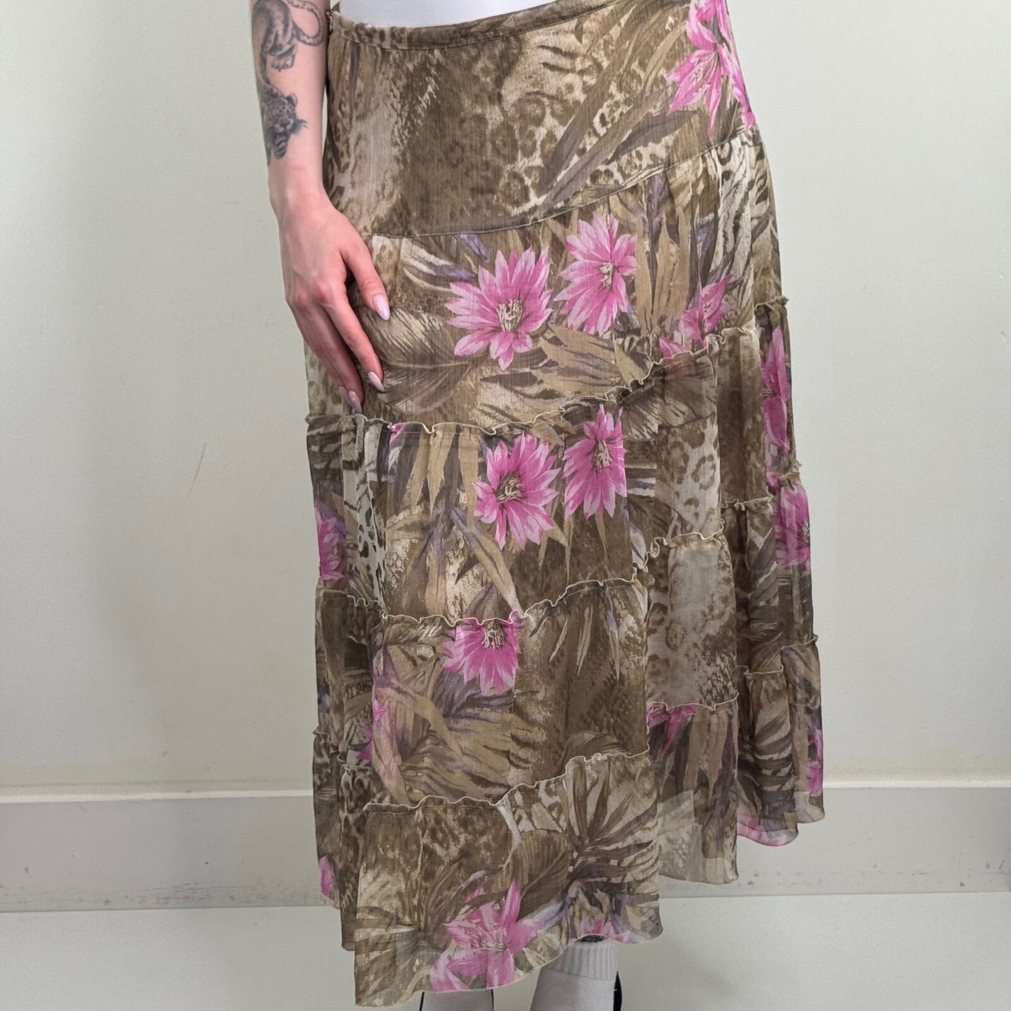 Y2K vintage maxi skirt a line lined floral leopard print tiered boho summer