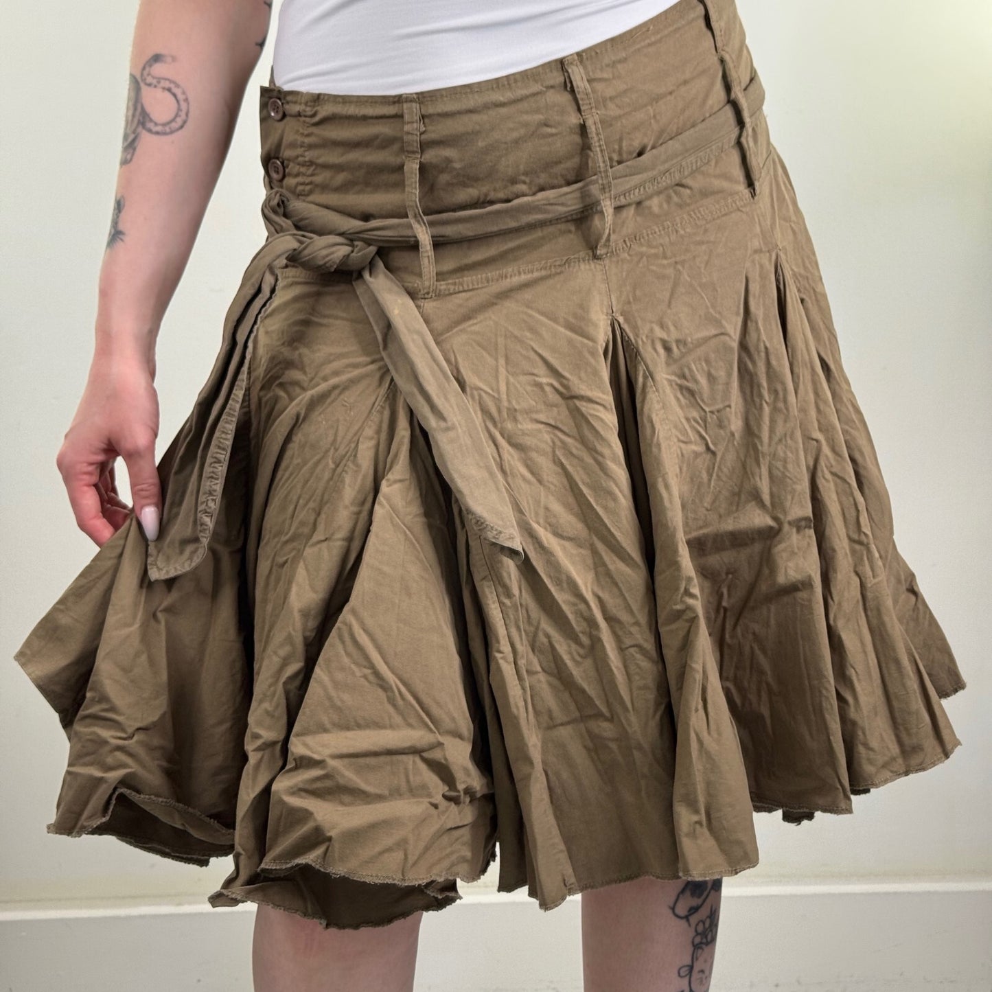 Y2K vintage midi skirt a line ruffle khaki gathered adjustable bow knee length