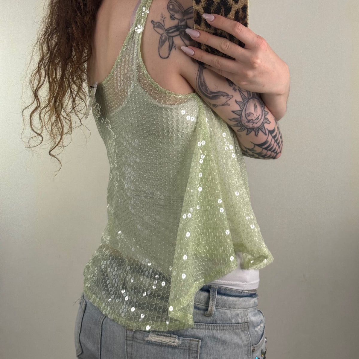 Y2K vintage tank top sequin embellished sheer light green asymmetrical