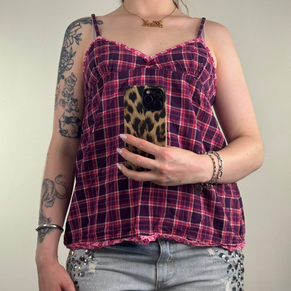 Y2K vintage Jack Wills cami top tartan print purple pink v neck bow babydoll
