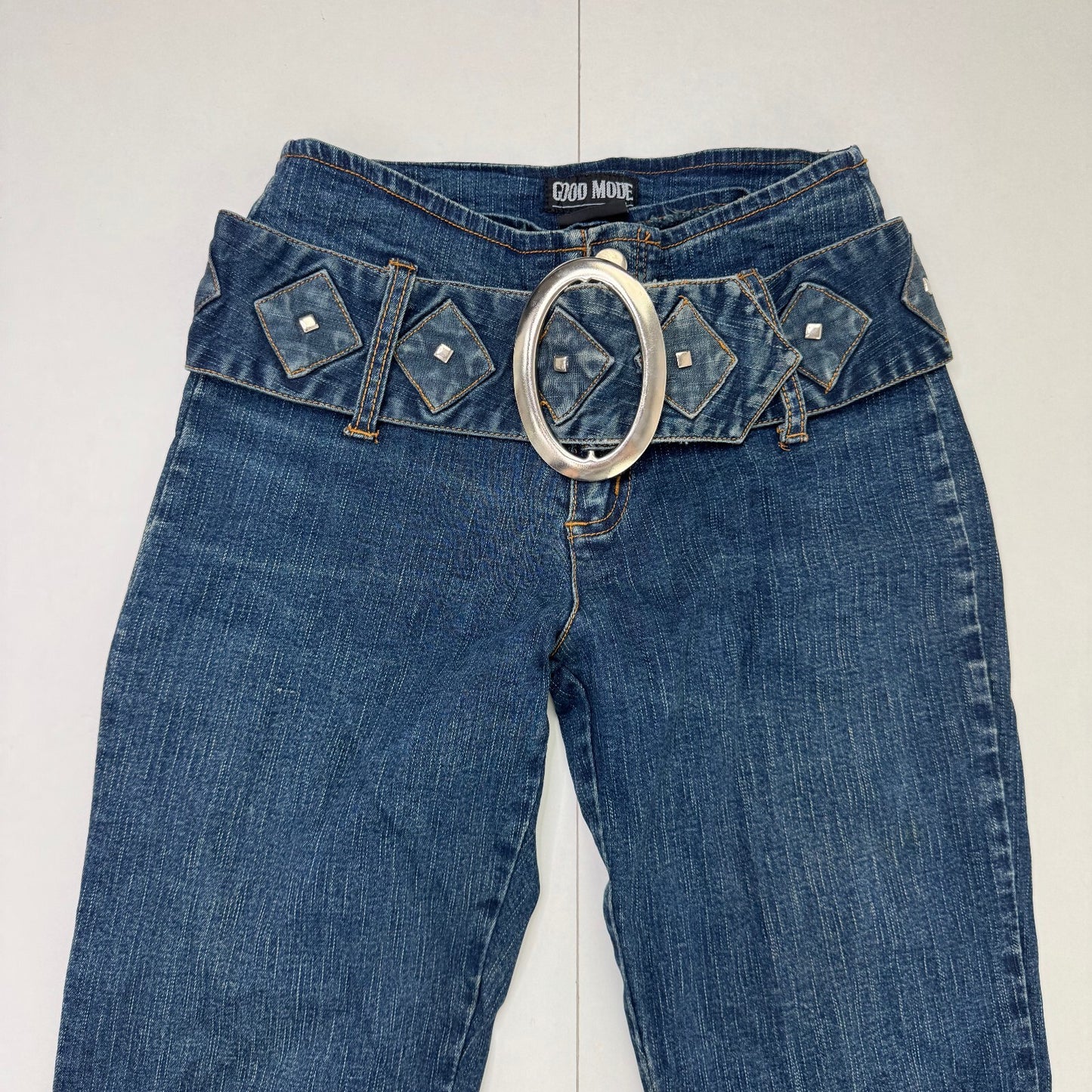 Y2K vintage bootcut denim jeans dark blue wash with chunky belt studs mid rise